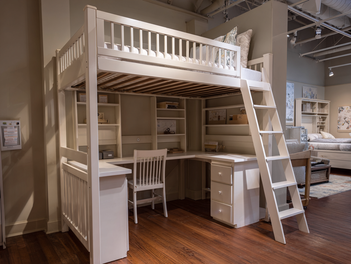Lit mezzanine en bois 200x140 cm - blanc - avec bureau en L étagères et tiroirs-Nestoliq