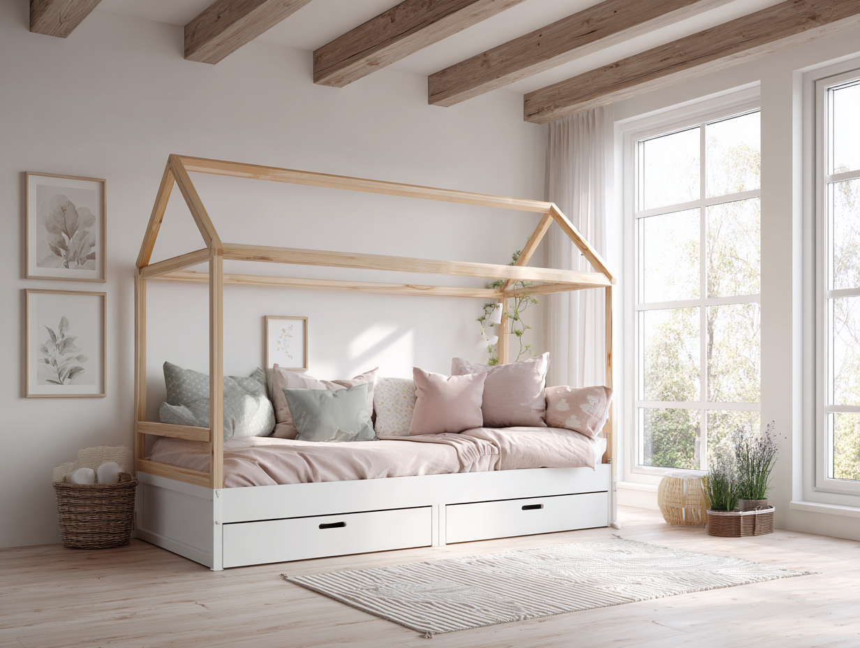 Lit cabane en bois scandinave 100x200 cm - avec tiroirs - cadre ouvert-Nestoliq