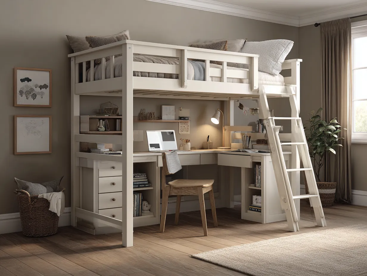 Lit mezzanine en bois 200x140 cm - blanc - avec bureau en L étagères et tiroirs-Nestoliq