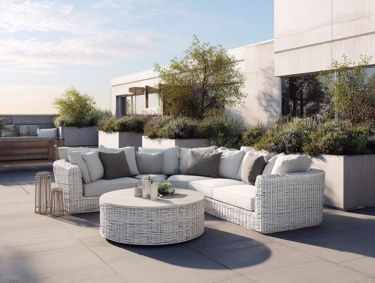 Salon de jardin d'angle en résine tressée blanche - gris clair - avec coussins épais et table basse ronde assortie-Nestoliq