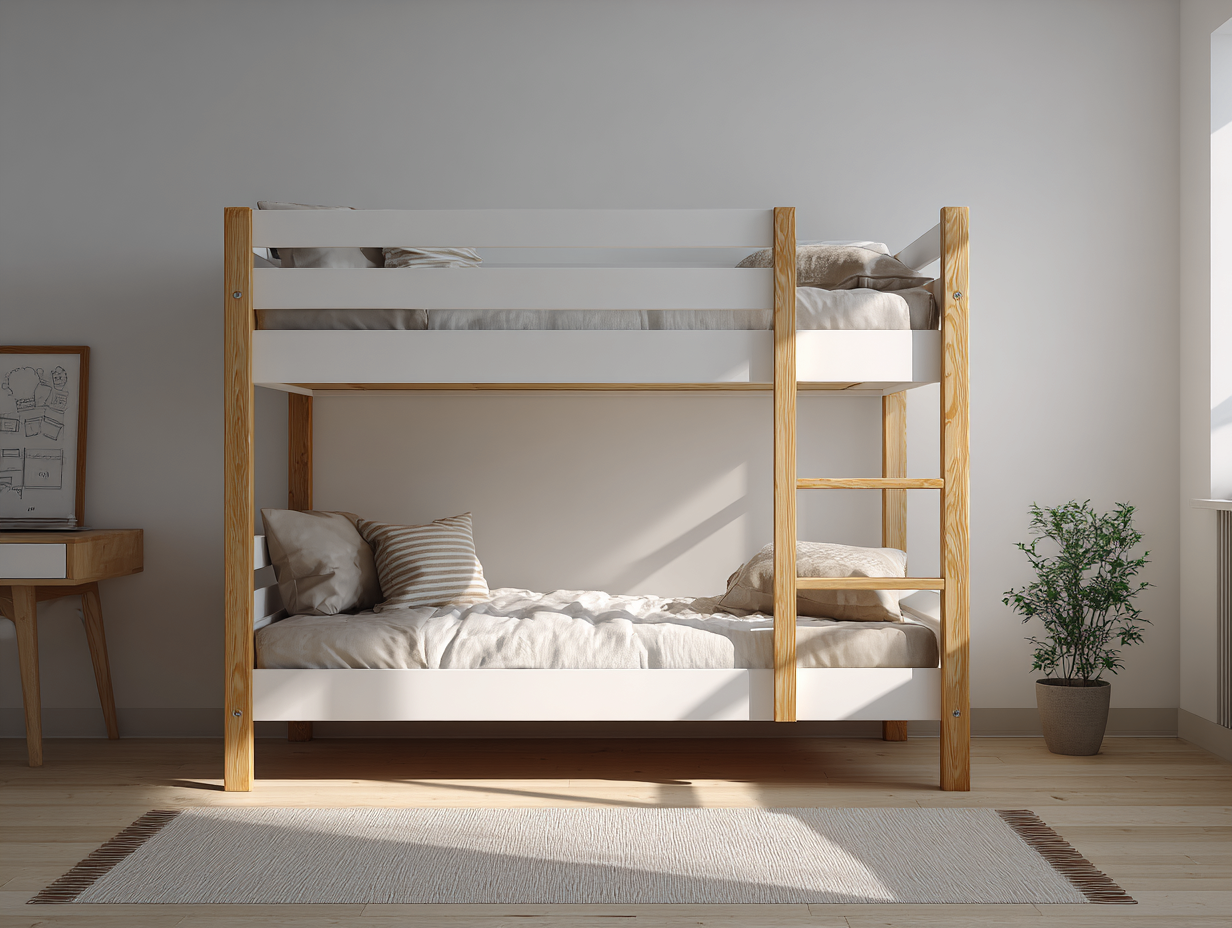 Lit superposé en bois 90x200 cm - blanc et bois naturel - style épuré-Nestoliq