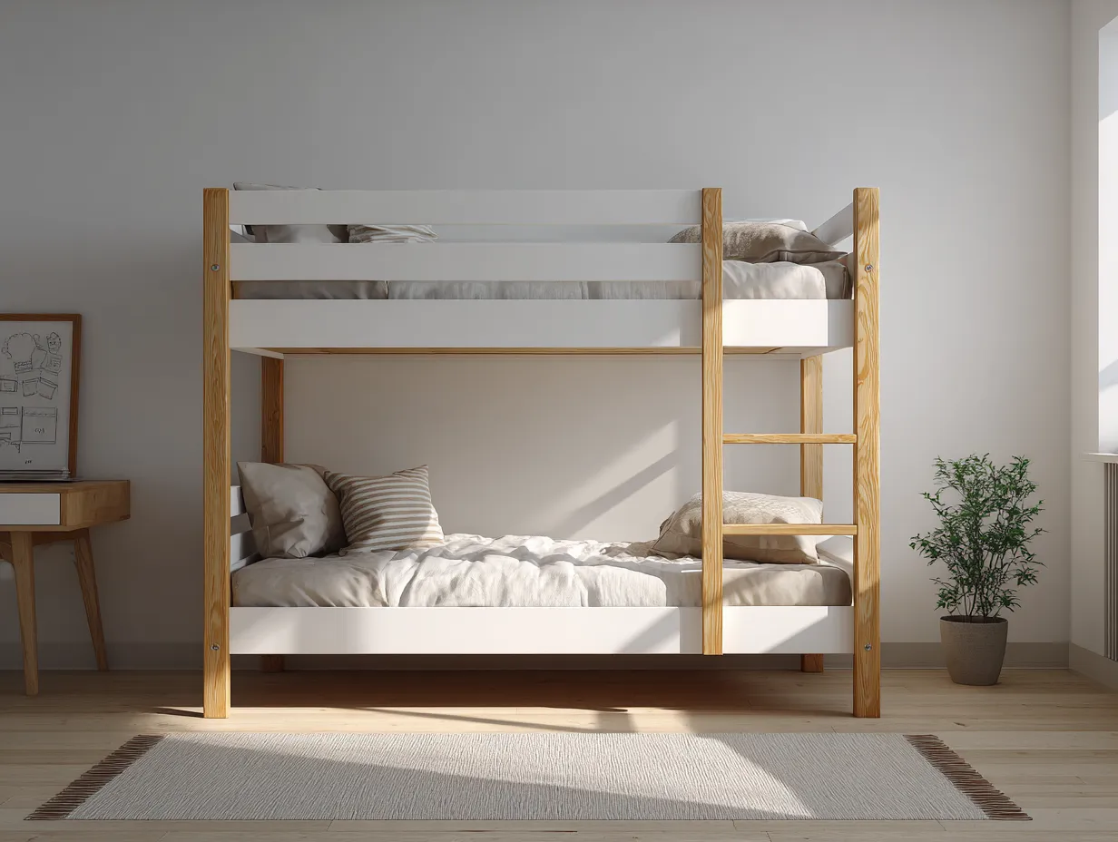 Lit superposé en bois 90x200 cm - blanc et bois naturel - style épuré-Nestoliq