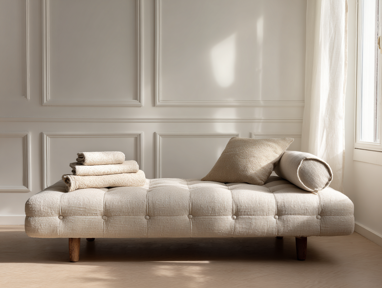 Banquette lit de jour en lin beige capitonné avec coussin et accoudoir cylindrique - 200x90 cm - style classique-Nestoliq