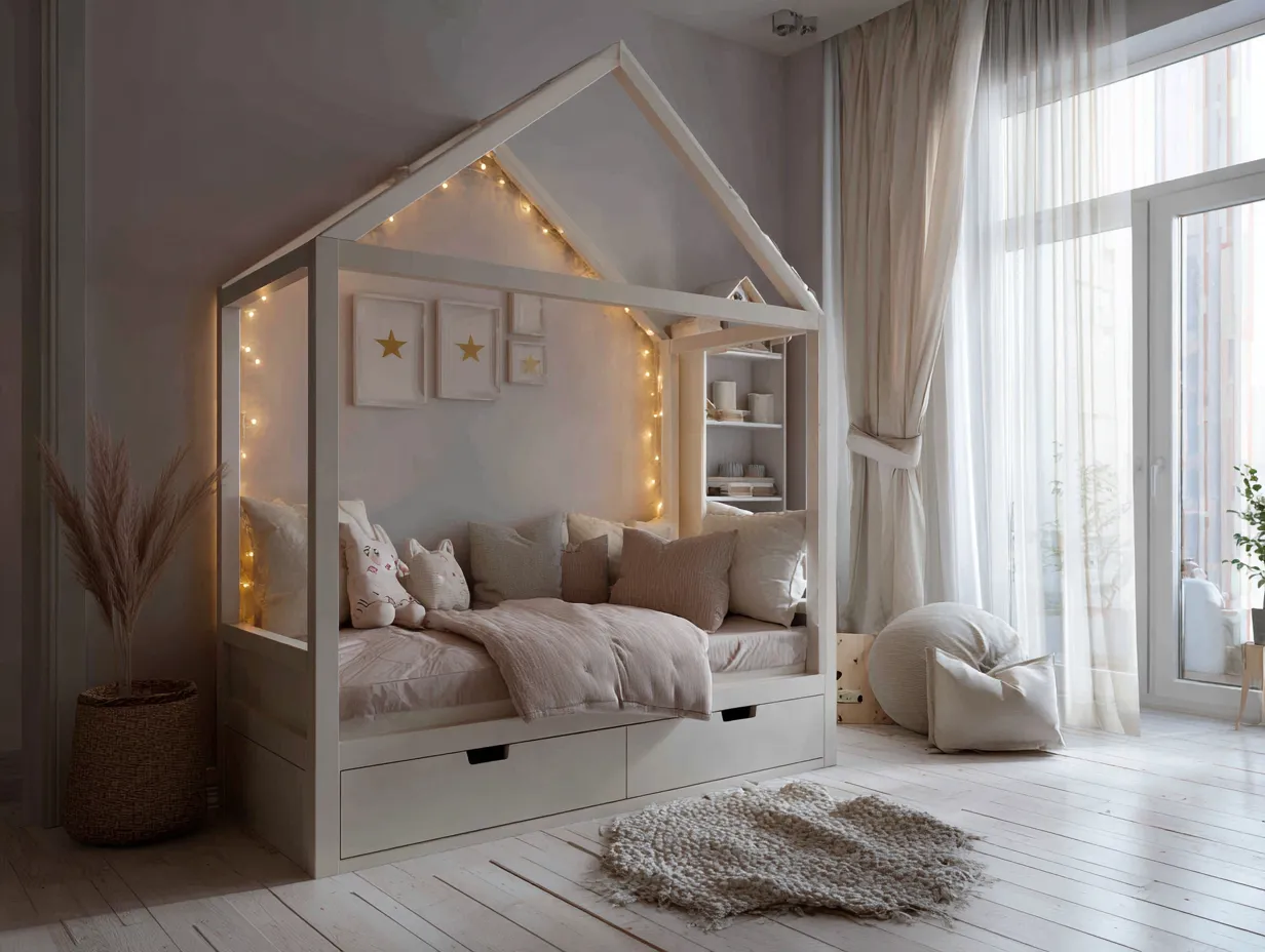 Lit cabane en bois 90x190 cm - blanc - avec 2 tiroirs de rangement-Nestoliq