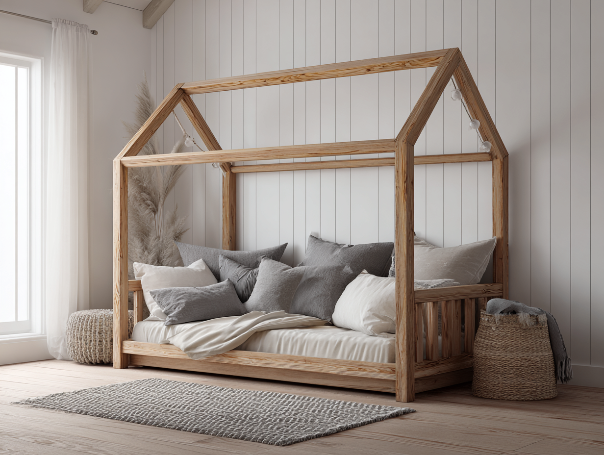 Lit cabane en bois naturel avec structure ouverte et barrières latérales - 200x120 cm - style rustique-Nestoliq