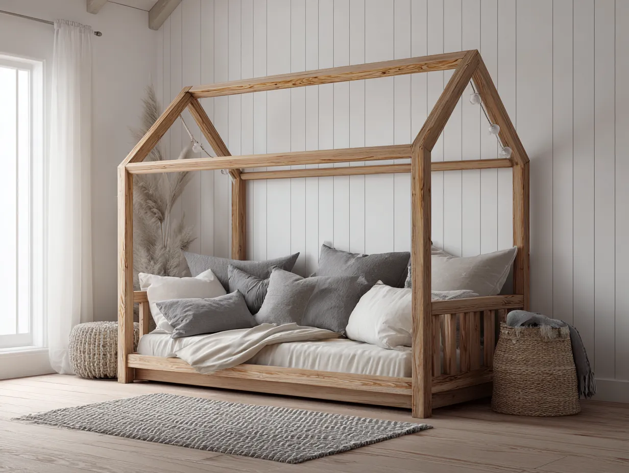 Lit cabane en bois naturel avec structure ouverte et barrières latérales - 200x120 cm - style rustique-Nestoliq