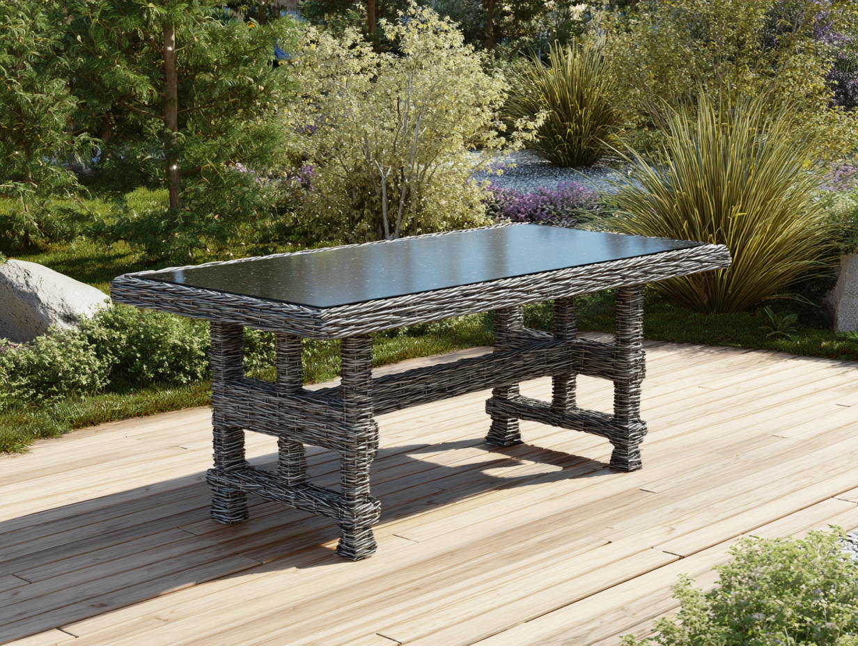 Table rectangulaire de jardin - rotin synthétique avec renfort 170x90 cm - gris avec plateau en verre noir - usage extérieur-Nestoliq