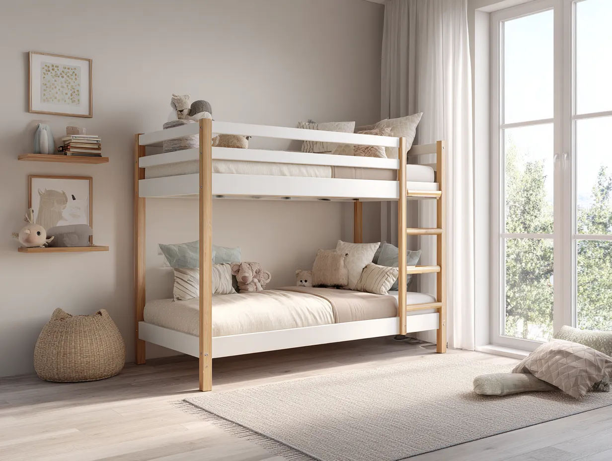 Lit superposé en bois 90x200 cm - blanc et bois clair - style moderne-Nestoliq