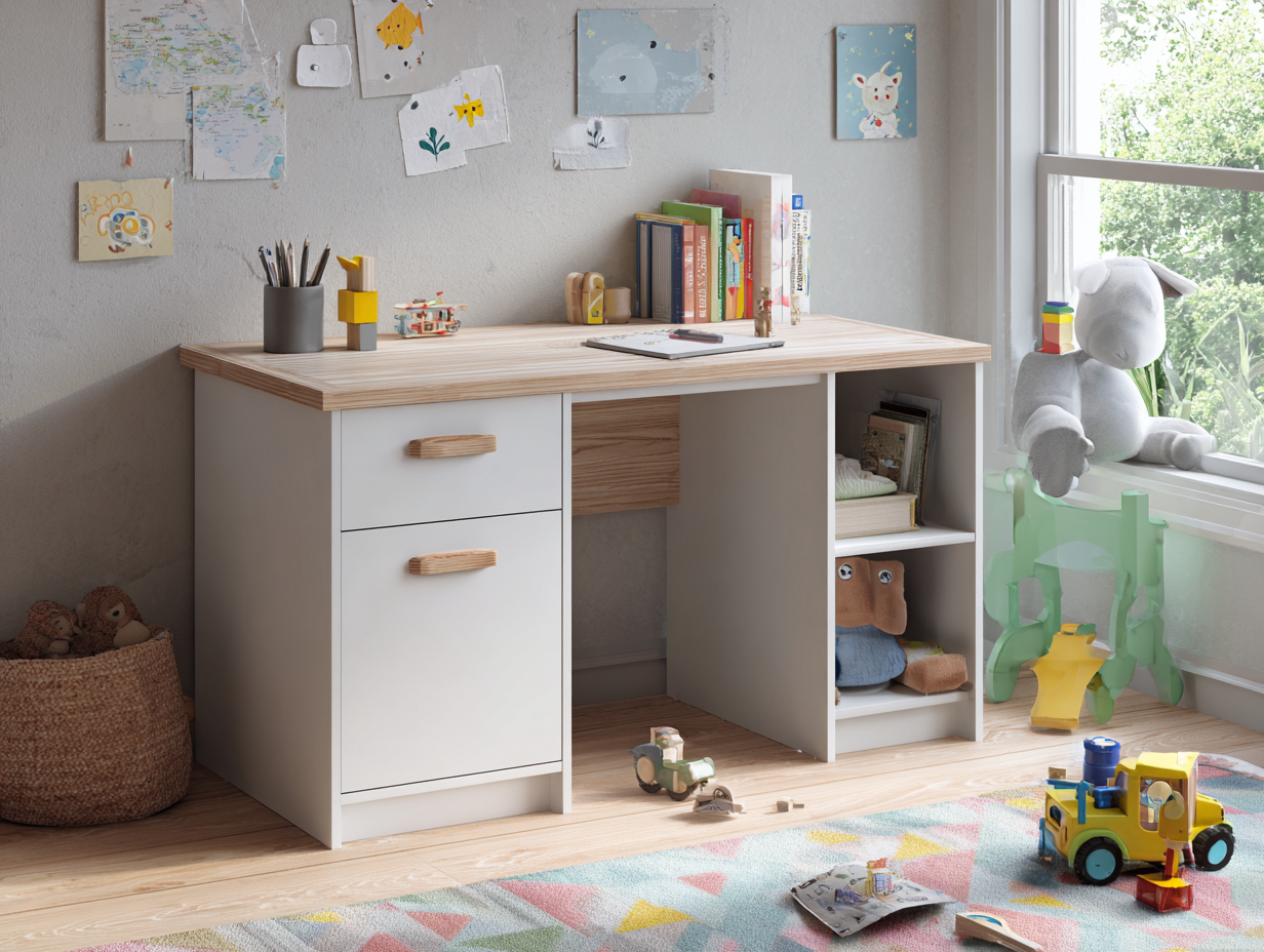 Bureau enfant blanc minimaliste avec rangements 115x55x75 cm - plateau bois naturel-Nestoliq
