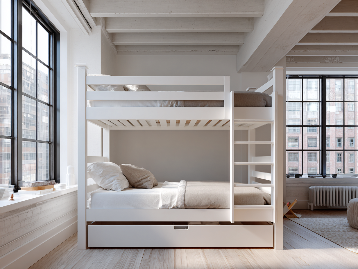 Lit superposé en bois massif 90x190 cm - blanc - avec rangement-Nestoliq