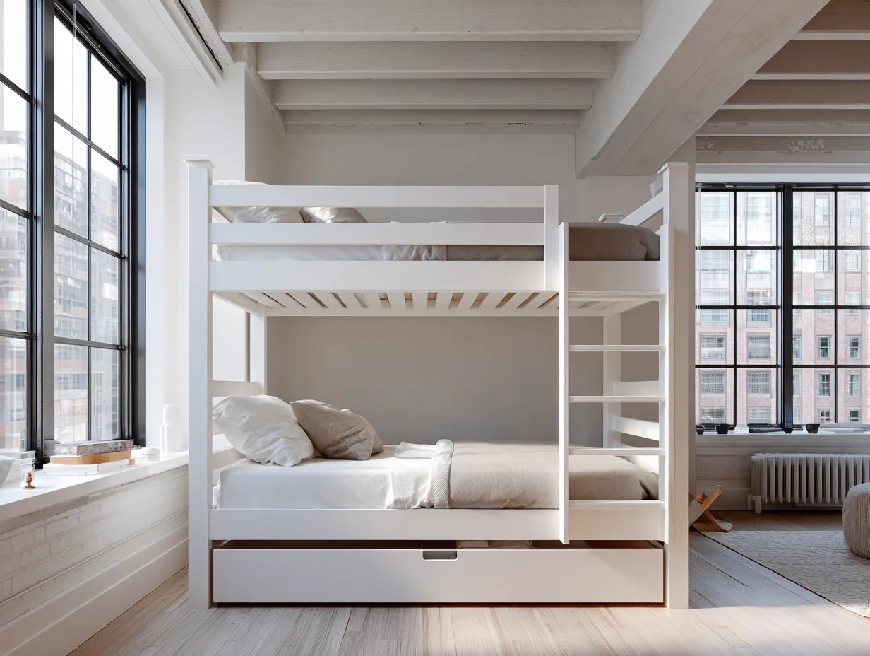 Lit superposé en bois massif 90x190 cm - blanc - avec rangement-Nestoliq