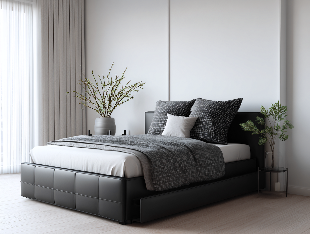 Lit double capitonné en simili cuir 160x200 cm - noir - avec coffre de rangement-Nestoliq