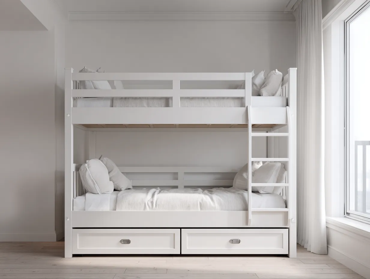 Lit superposé avec tiroirs de rangement - bois massif 90x200 cm - finition blanche moderne-Nestoliq