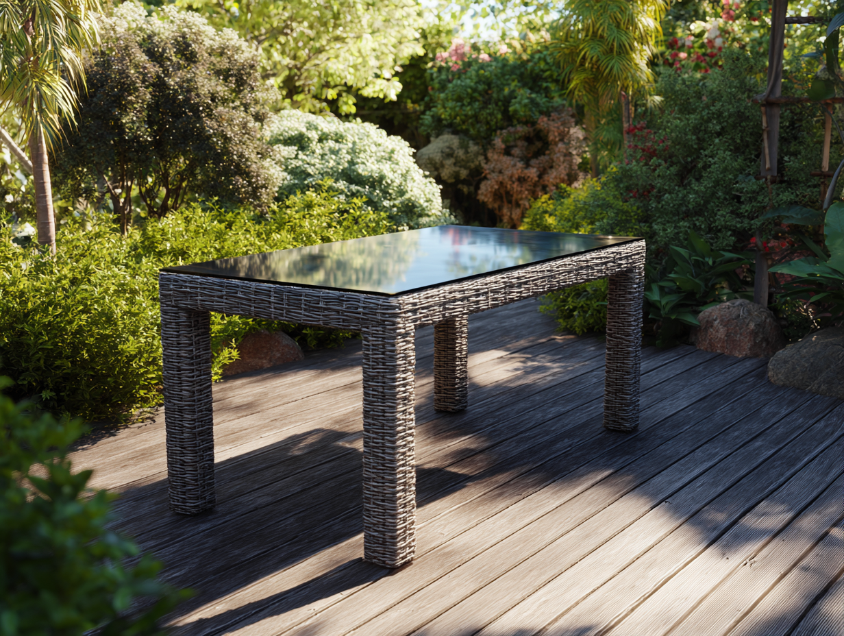 Table rectangulaire de jardin - rotin synthétique 150x90 cm - gris avec plateau en verre noir - usage extérieur-Nestoliq
