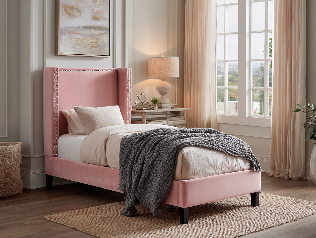 Lit simple tapissé 90x200 cm - velours rose - avec tête de lit à clous décoratifs et pieds en bois-Nestoliq