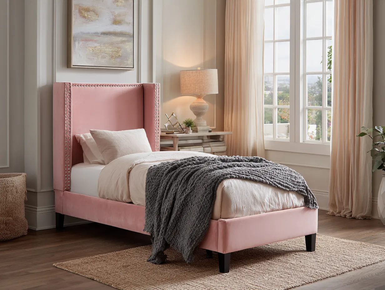 Lit simple tapissé 90x200 cm - velours rose - avec tête de lit à clous décoratifs et pieds en bois-Nestoliq