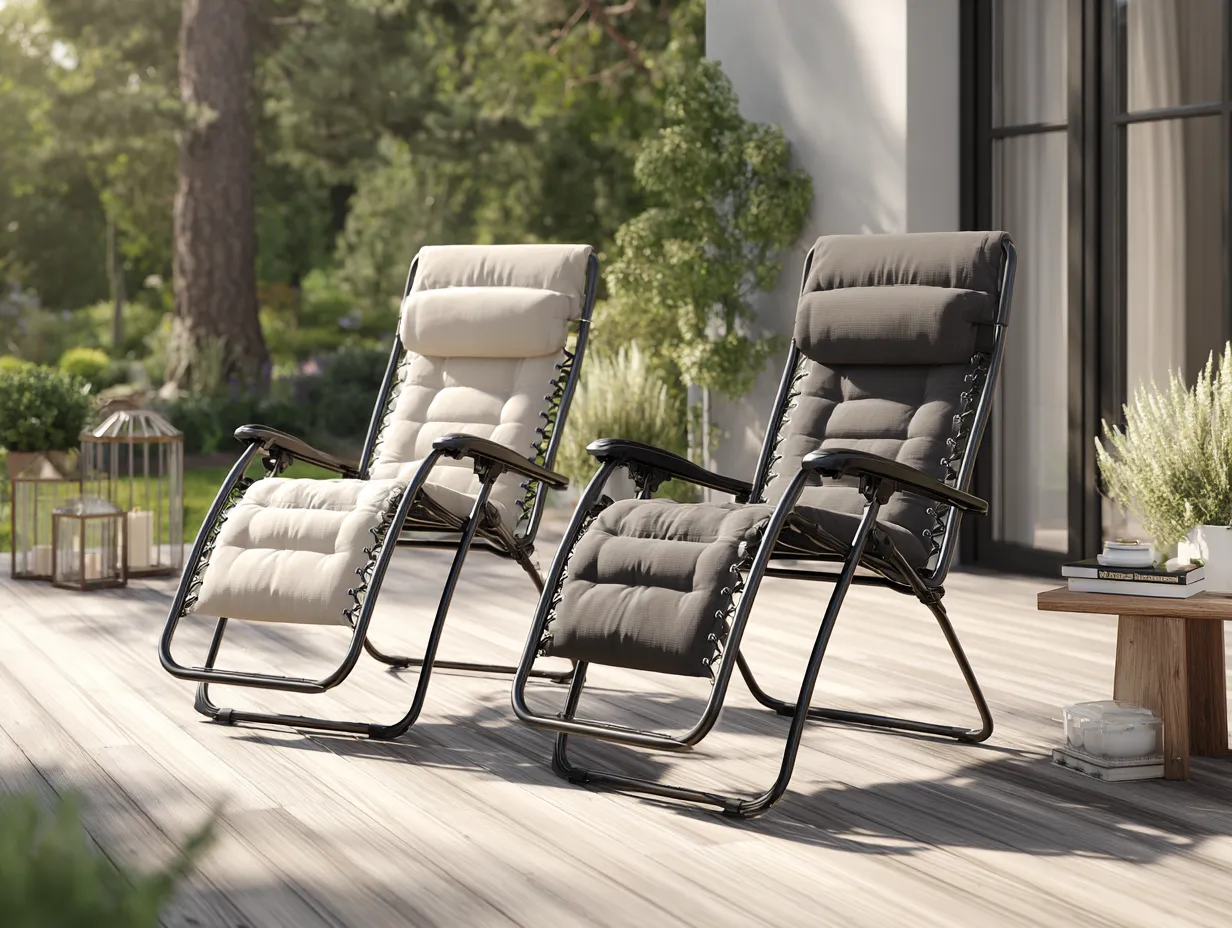 Lot de 2 chaises longues zéro gravité avec coussin capitonné - 165x65x110 cm - beige/gris foncé/noir - usage extérieur et intérieur-Nestoliq