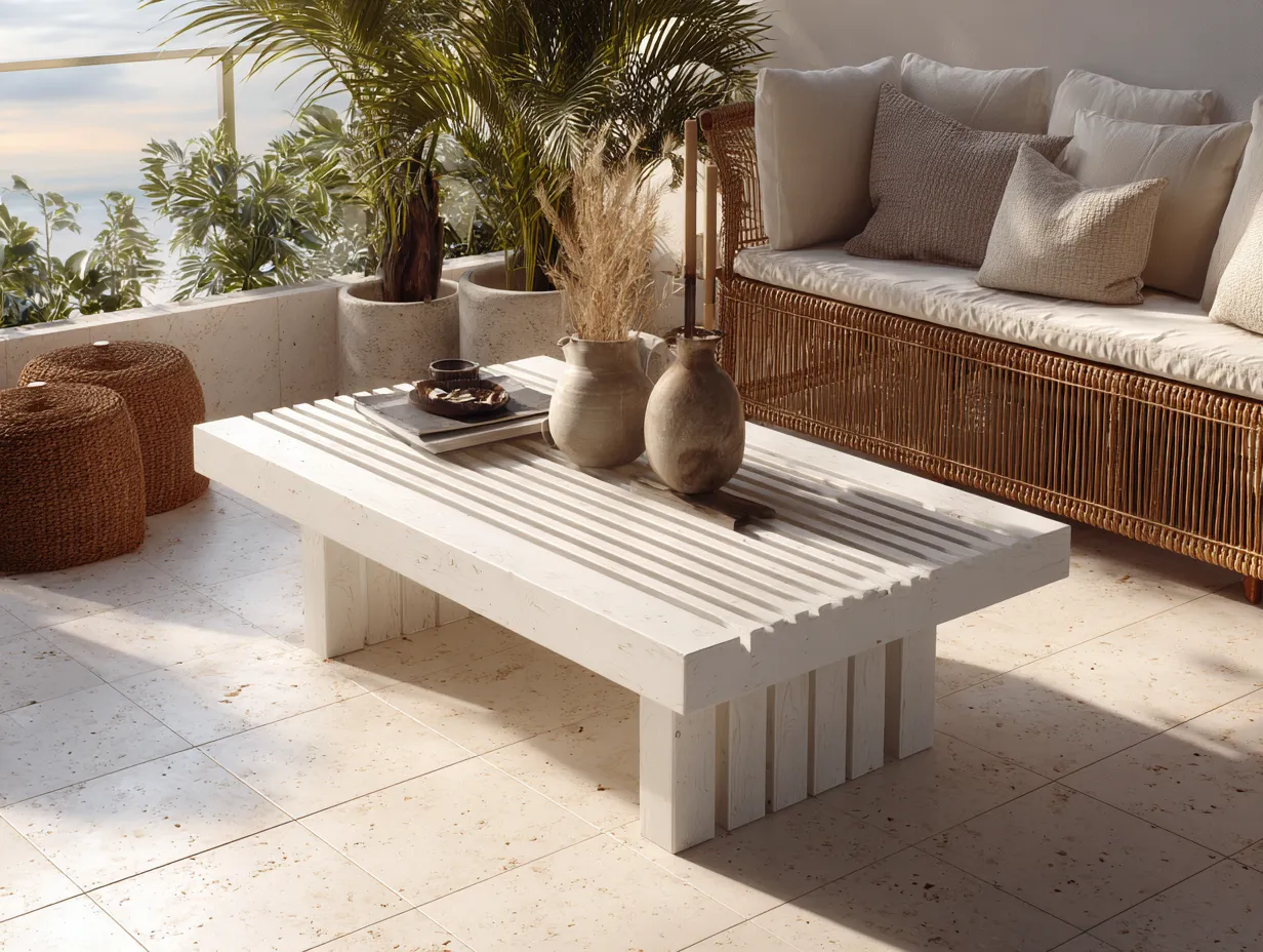 Table basse de jardin rectangulaire en bois massif à lattes - 130x70x42 cm - blanc - style naturel-Nestoliq