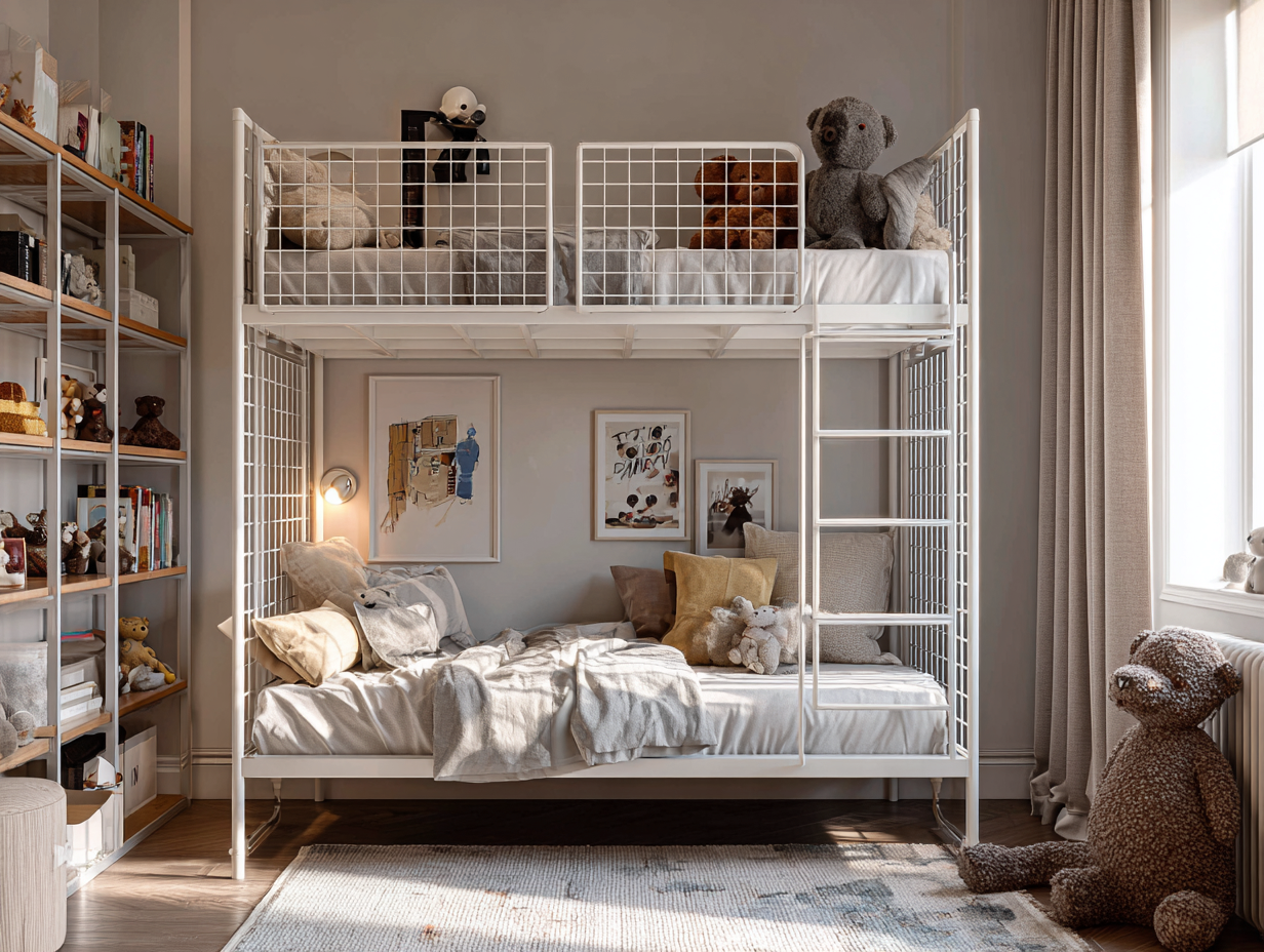 Lit superposé en métal blanc 90x200 cm - style moderne avec grilles de sécurité-Nestoliq