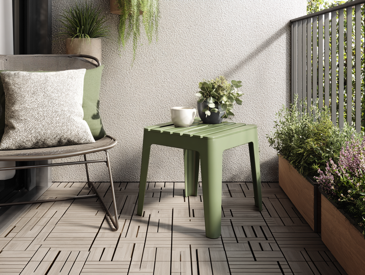 Table d'appoint de jardin en plastique 44x44x46 cm - vert olive - style moderne à lattes-Nestoliq