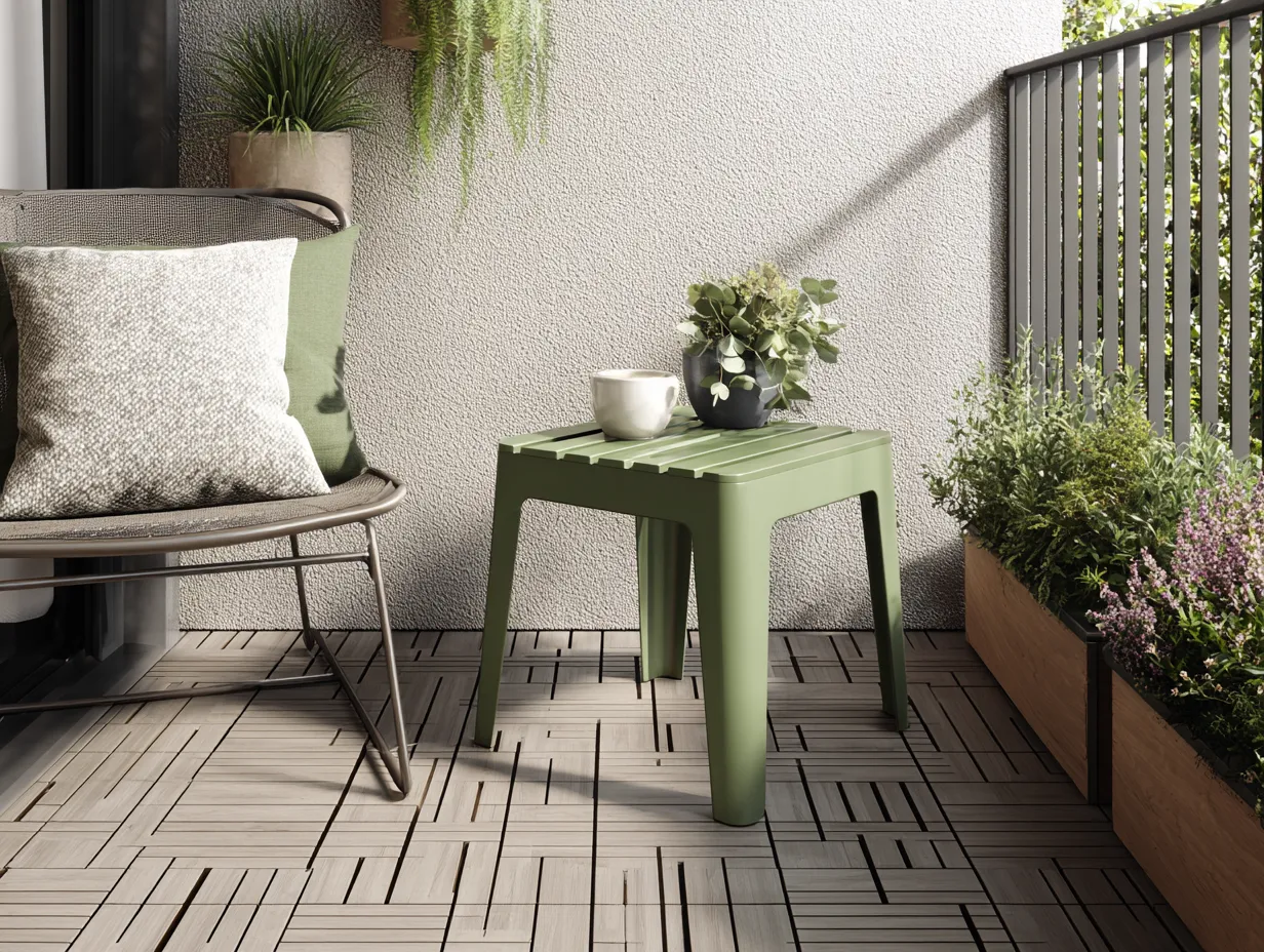 Table d'appoint de jardin en plastique 44x44x46 cm - vert olive - style moderne à lattes-Nestoliq