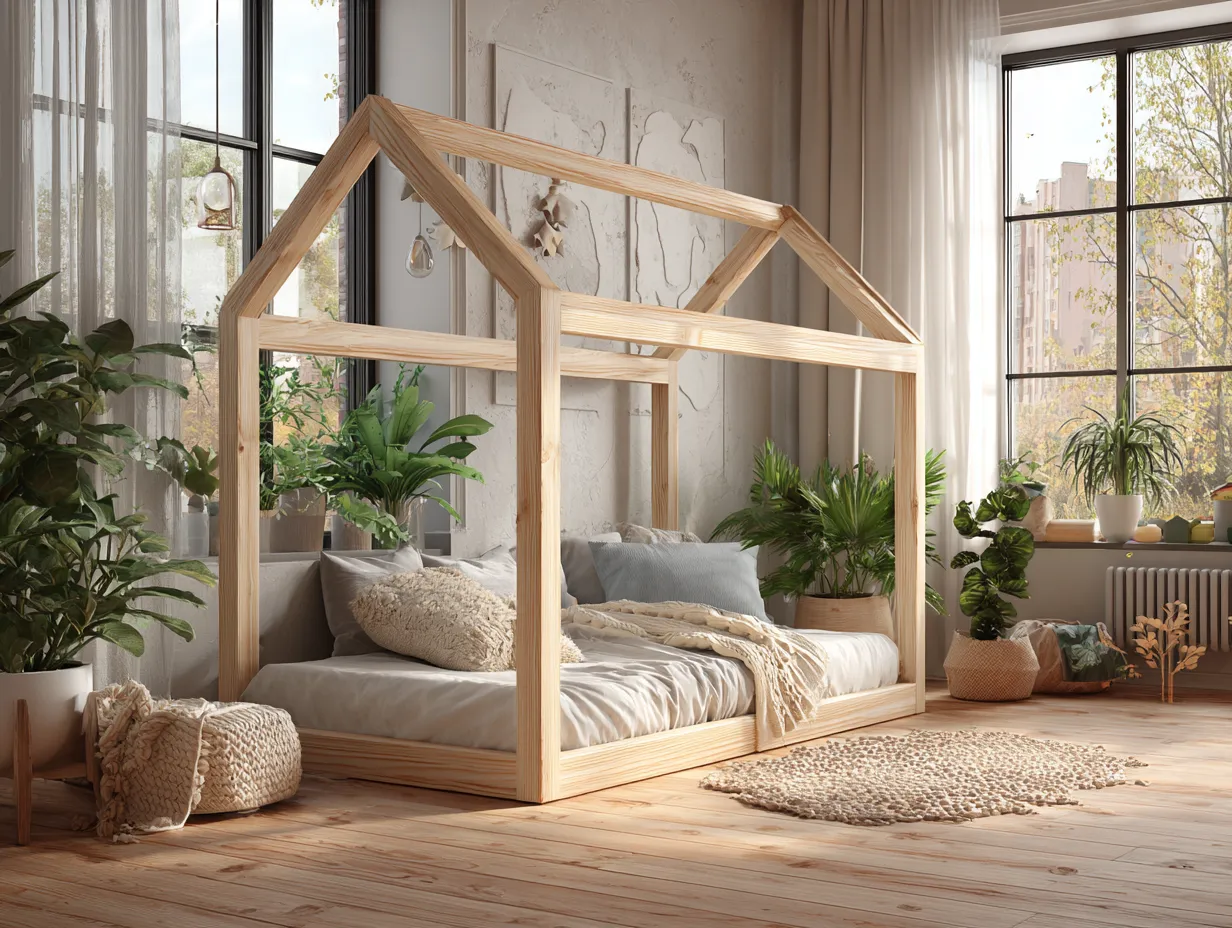 Lit cabane en bois 140x200 cm - bois naturel - structure ouverte-Nestoliq