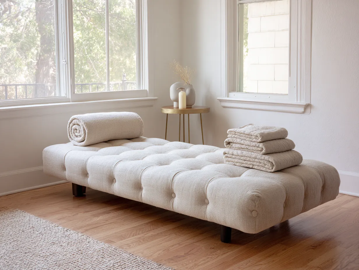 Banquette lit de jour en lin beige capitonné avec matelas rembourré - 200x90 cm - style contemporain-Nestoliq