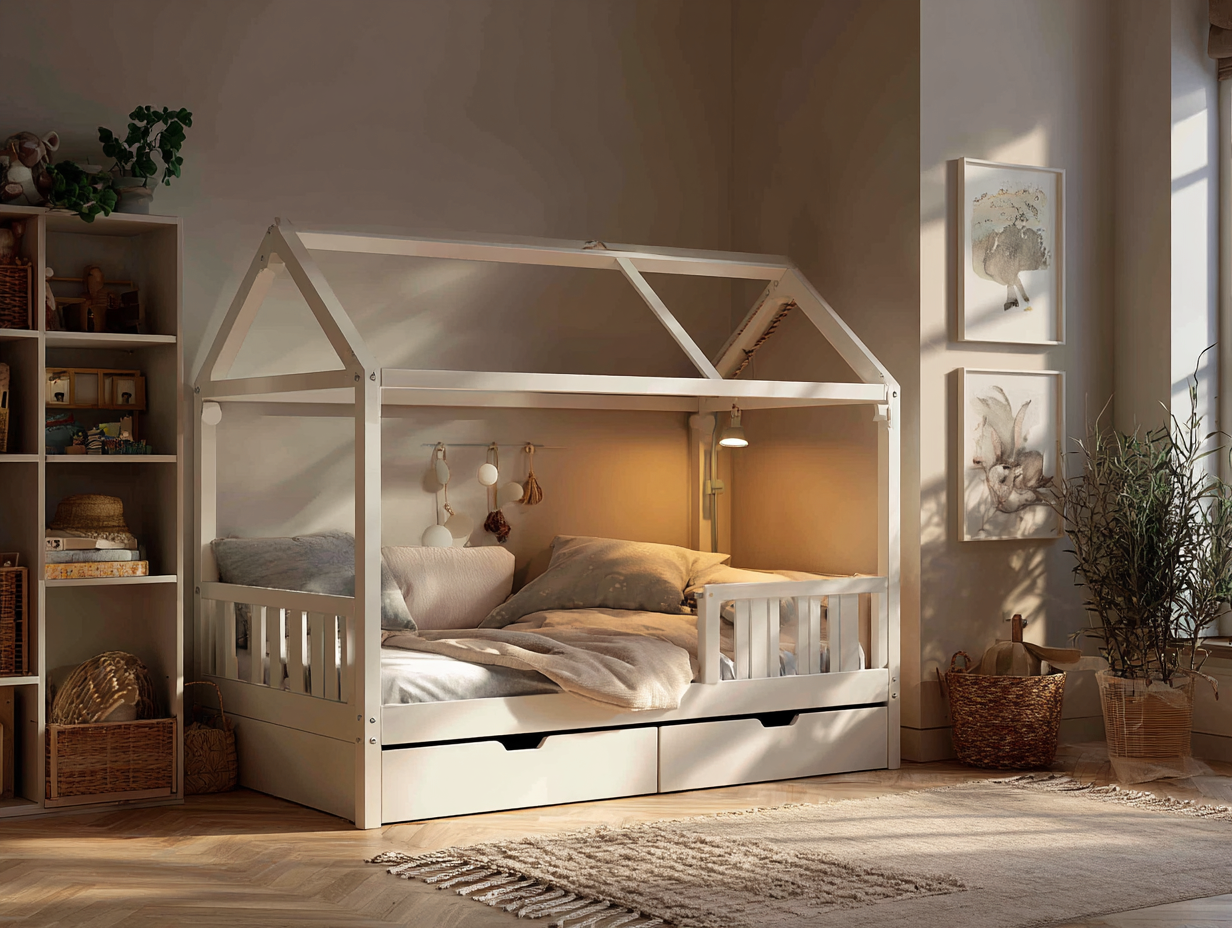 Lit simple cabane en bois 90x190 cm - blanc - avec tiroirs de rangement-Nestoliq