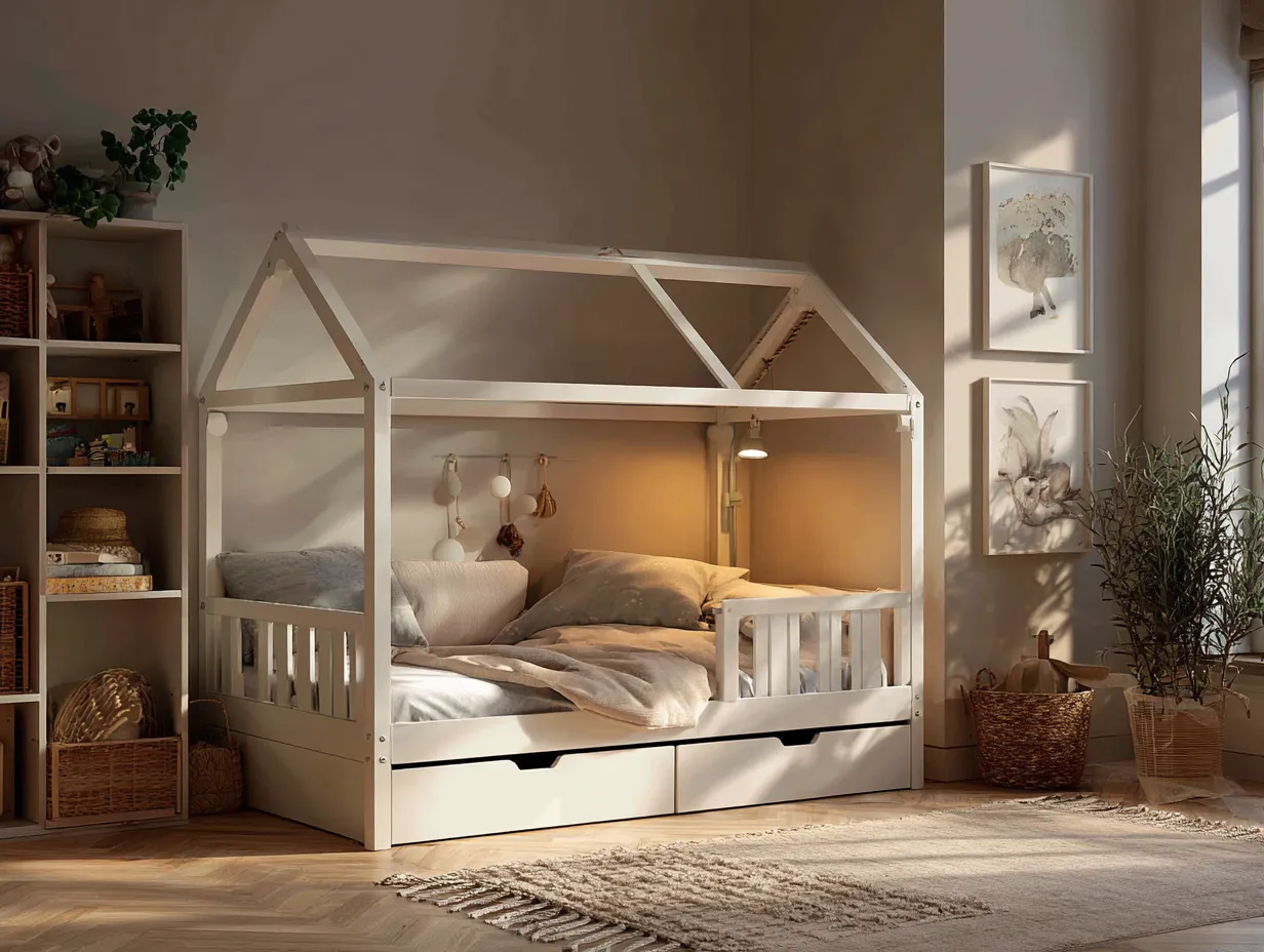 Lit simple cabane en bois 90x190 cm - blanc - avec tiroirs de rangement-Nestoliq