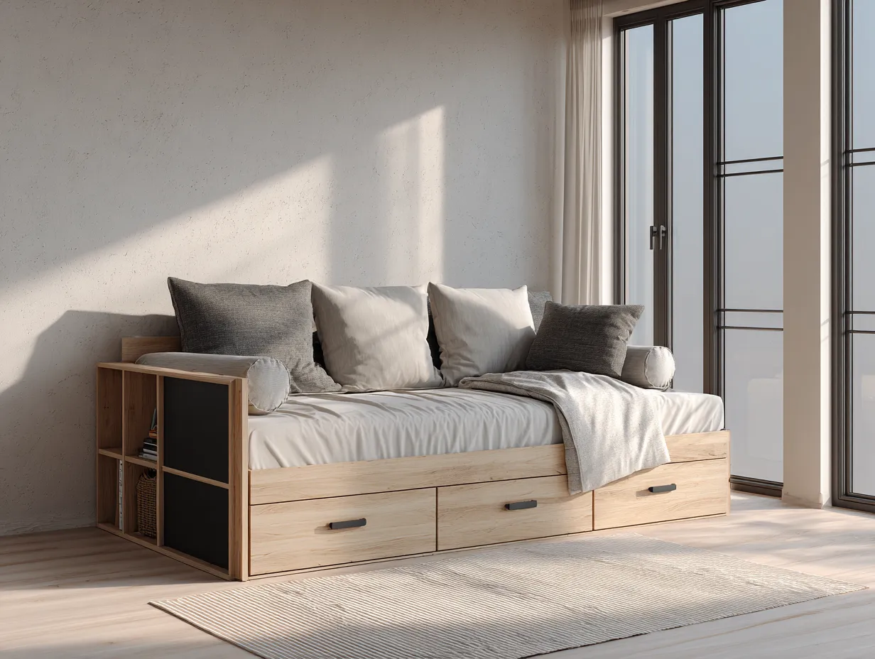 Lit simple moderne avec rangements et tête de lit bibliothèque - 205x100 cm - bois clair et accents noirs-Nestoliq