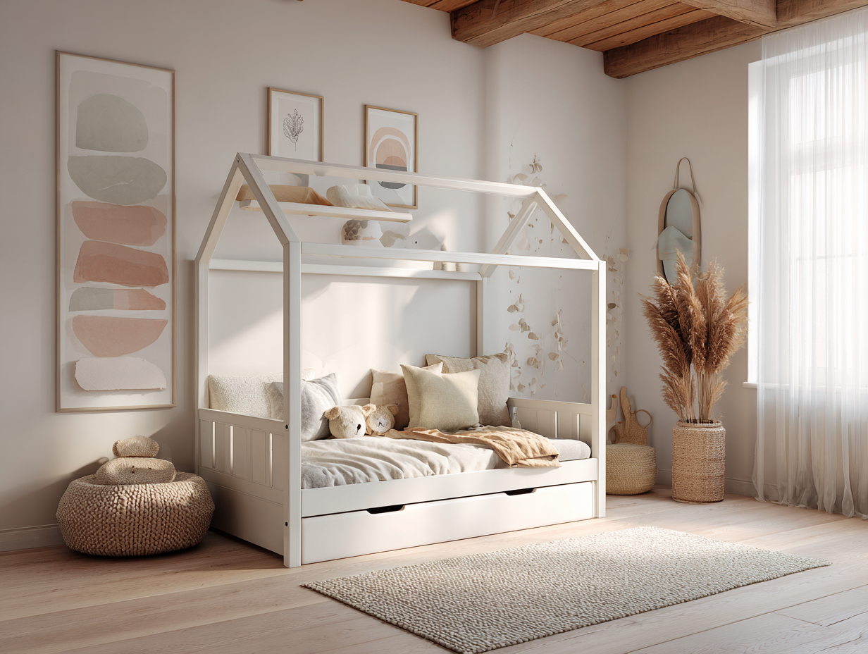 Lit cabane enfant blanc - 90x200 cm - avec tiroir de rangement inférieur-Nestoliq