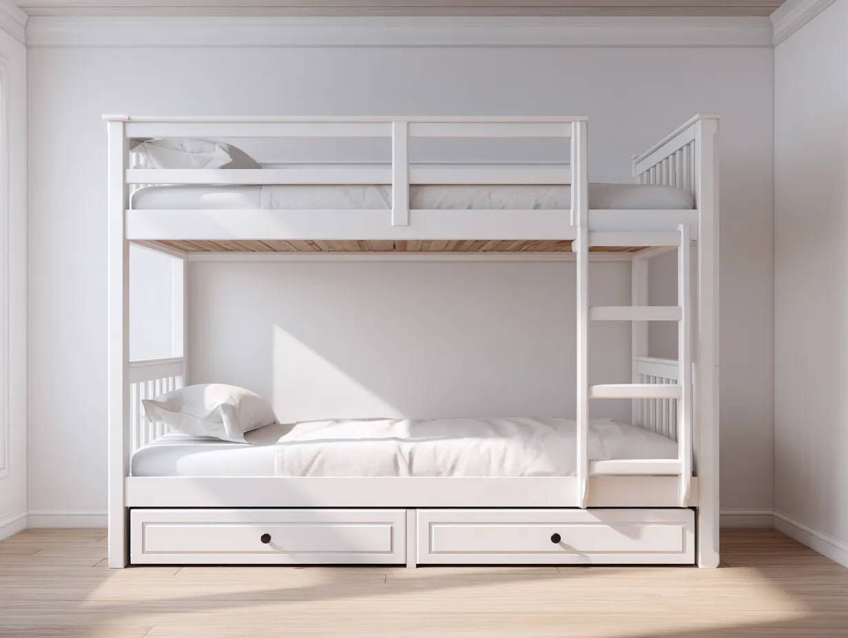 Lit superposé avec tiroirs de rangement - bois massif 90x200 cm - design blanc classique-Nestoliq