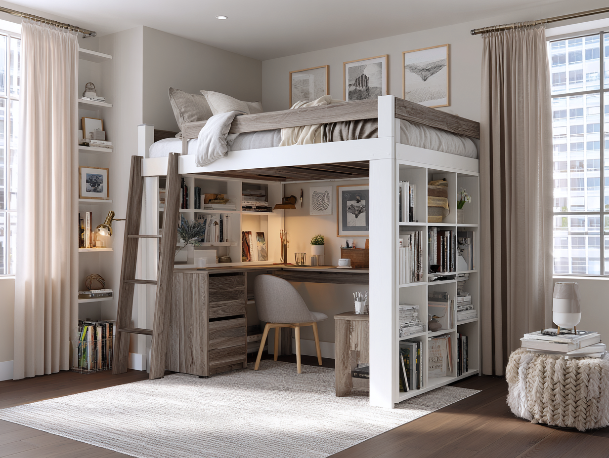 Lit mezzanine avec bureau intégré 140x200 cm - chêne gris et blanc - avec étagères et échelle-Nestoliq