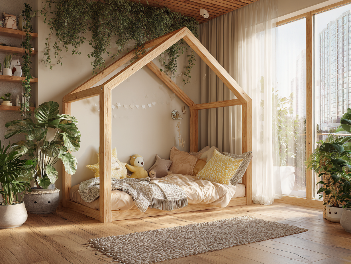 Lit cabane en bois pour enfants 90x200 cm - naturel - style scandinave cosy-Nestoliq