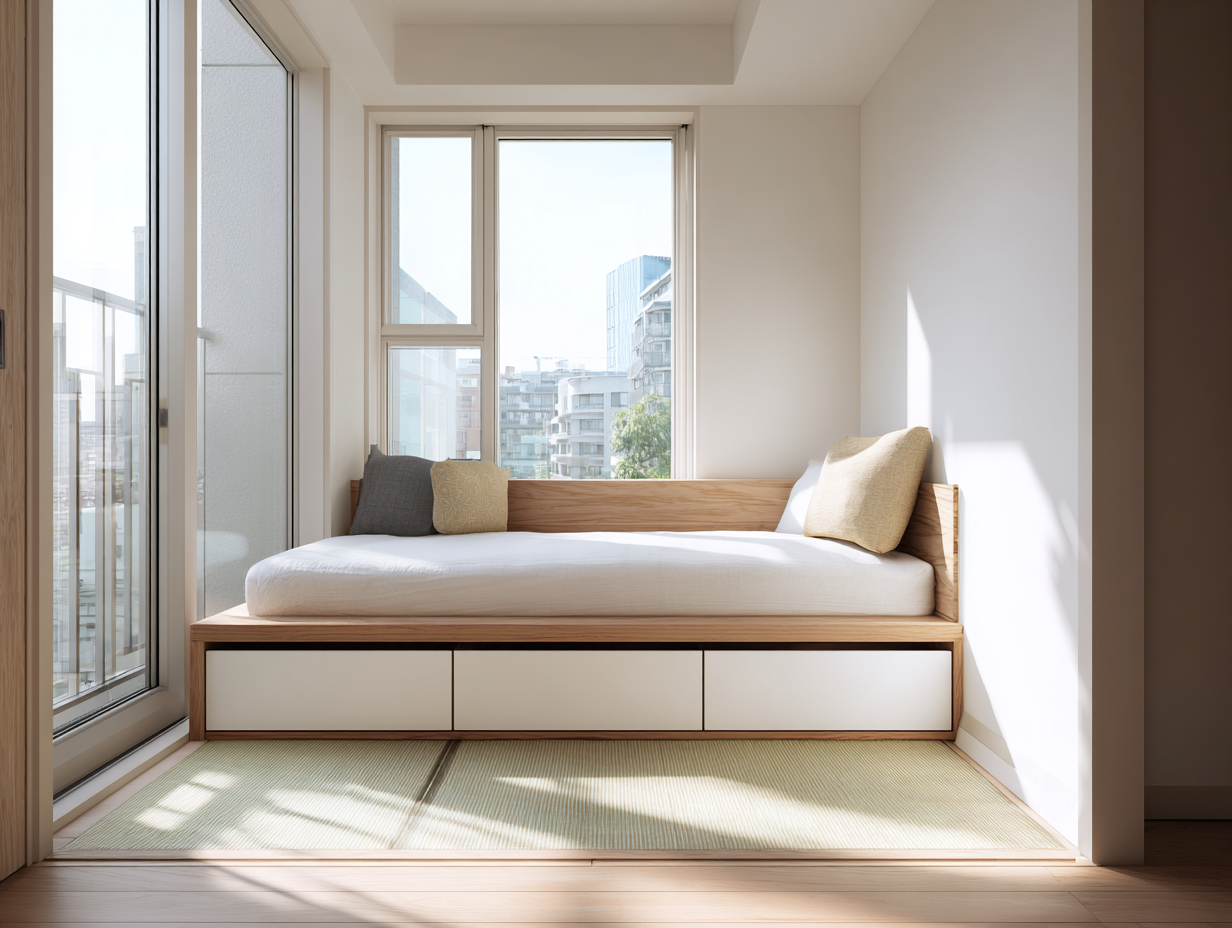 Lit simple avec rangements 205x100x85 cm - bois clair et blanc - avec trois tiroirs intégrés - style scandinave moderne-Nestoliq