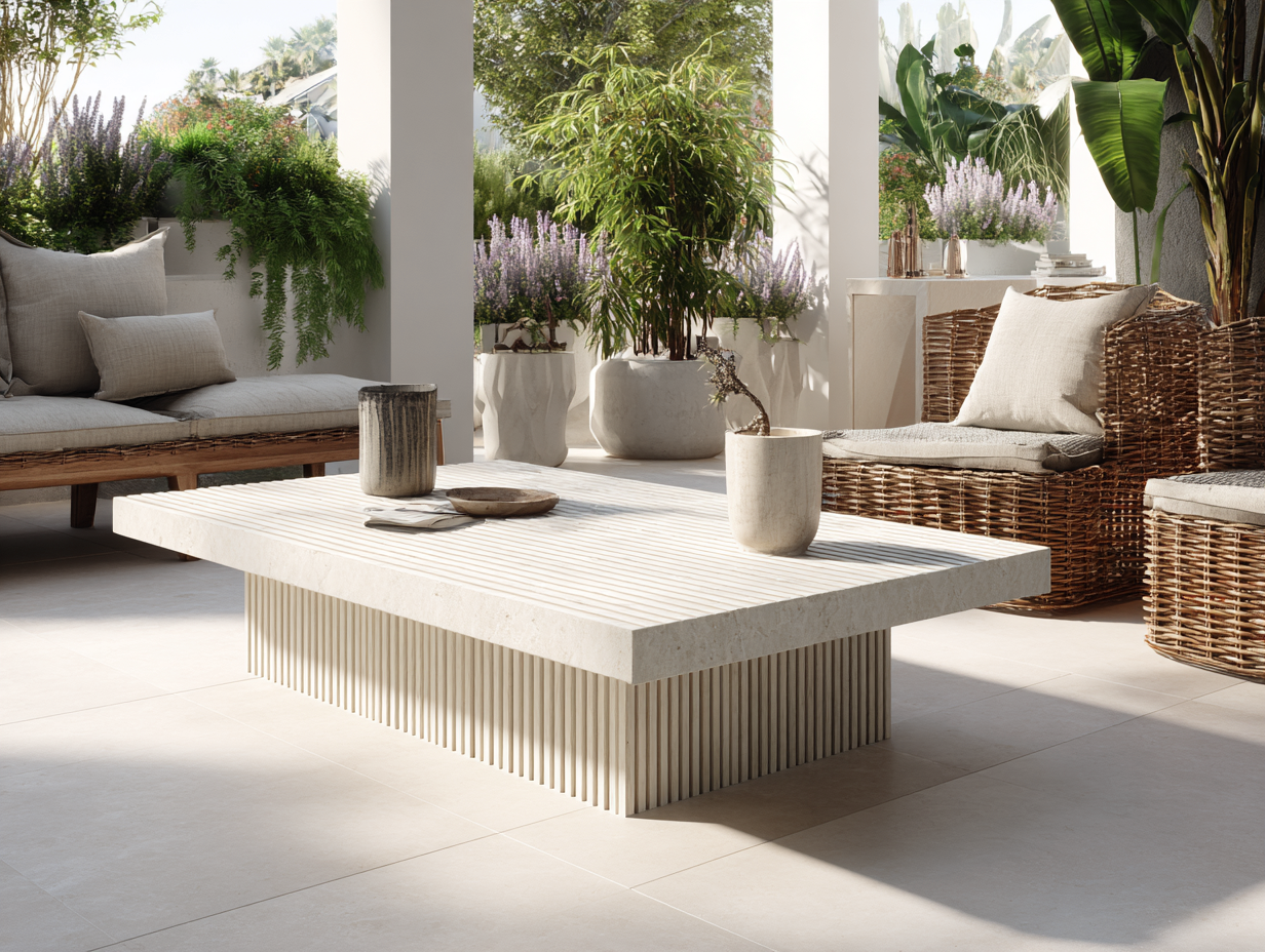 Table basse de jardin rectangulaire en pierre à lattes - 160x80x42 cm - blanc naturel - style contemporain-Nestoliq