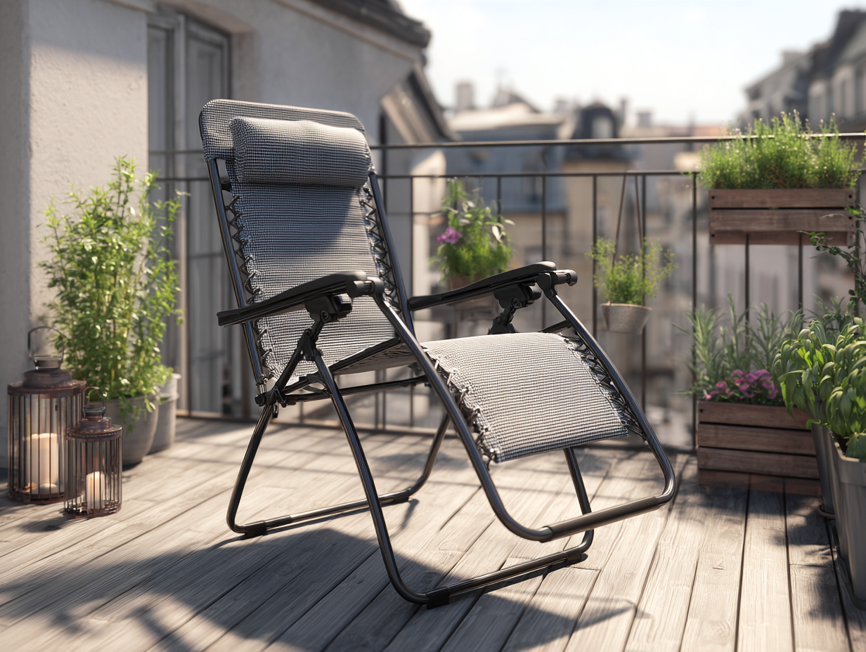 Chaise longue zéro gravité 110x65x95 cm - structure noire et toile respirante grise - usage extérieur relax-Nestoliq