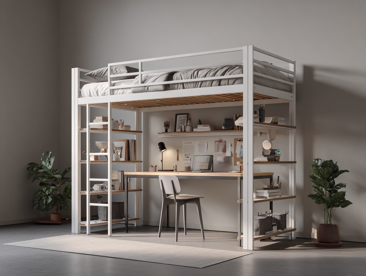 Lit mezzanine en métal blanc avec bureau intégré et étagères - 200x140 cm - style moderne-Nestoliq