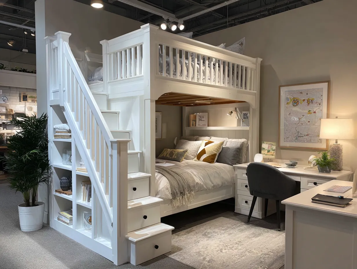 Lit mezzanine en bois 200x140 cm - blanc - avec bureau lit inférieur et rangements intégrés-Nestoliq