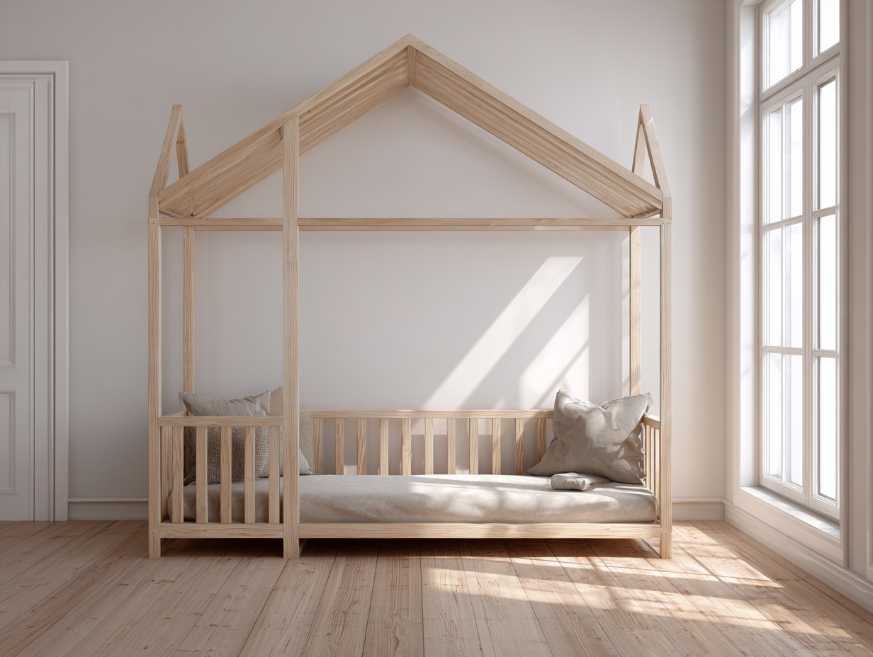 Lit cabane en bois naturel avec barrières latérales - 200x120 cm - style scandinave-Nestoliq