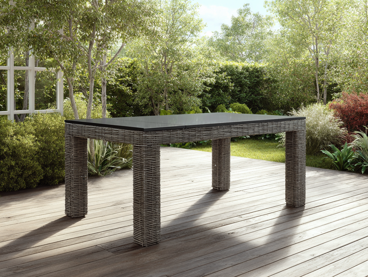 Table rectangulaire de jardin - rotin synthétique 160x90 cm - gris avec plateau en verre noir - usage extérieur-Nestoliq