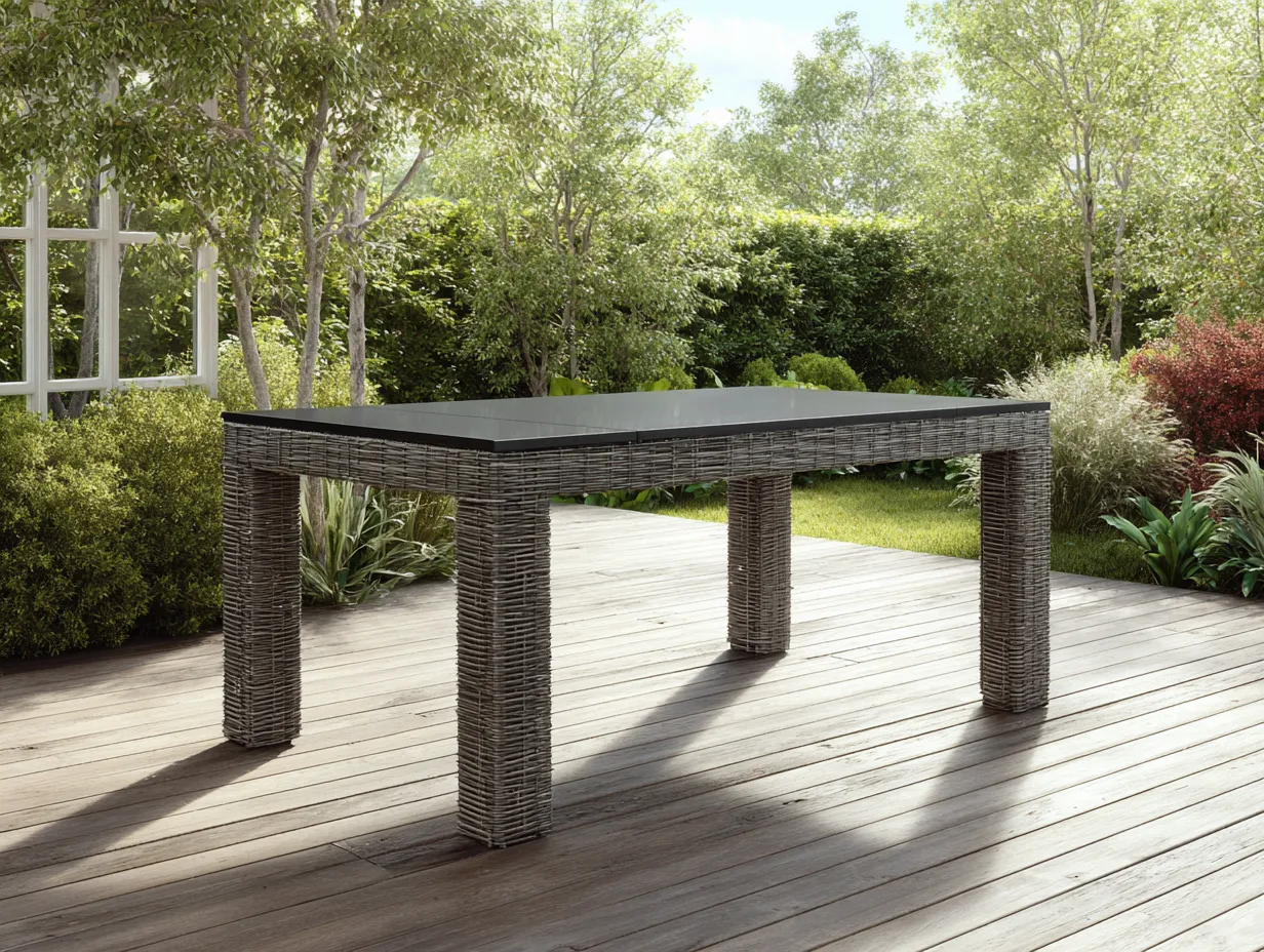Table rectangulaire de jardin - rotin synthétique 160x90 cm - gris avec plateau en verre noir - usage extérieur-Nestoliq