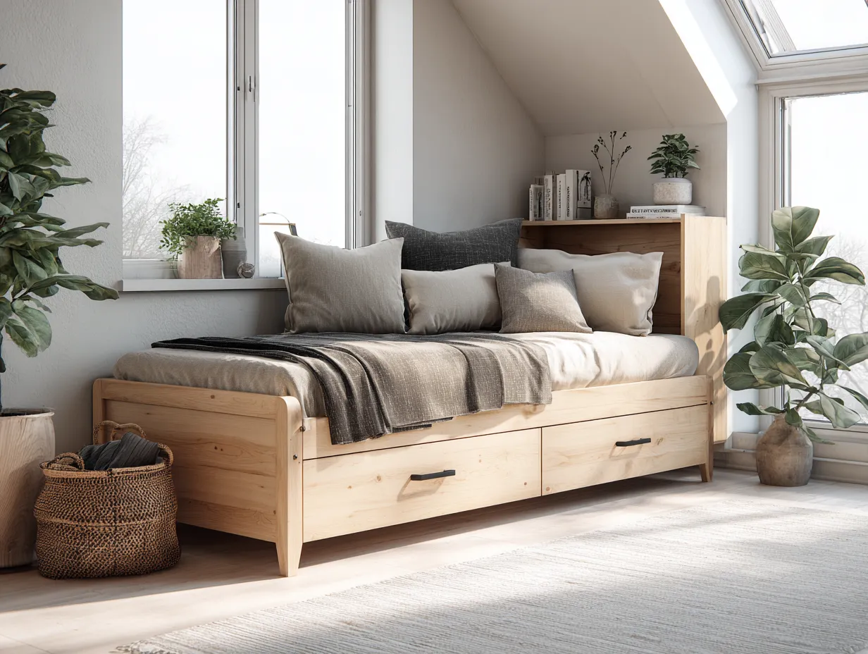 Lit simple en bois massif clair avec tiroirs de rangement - 200x100 cm - style naturel-Nestoliq