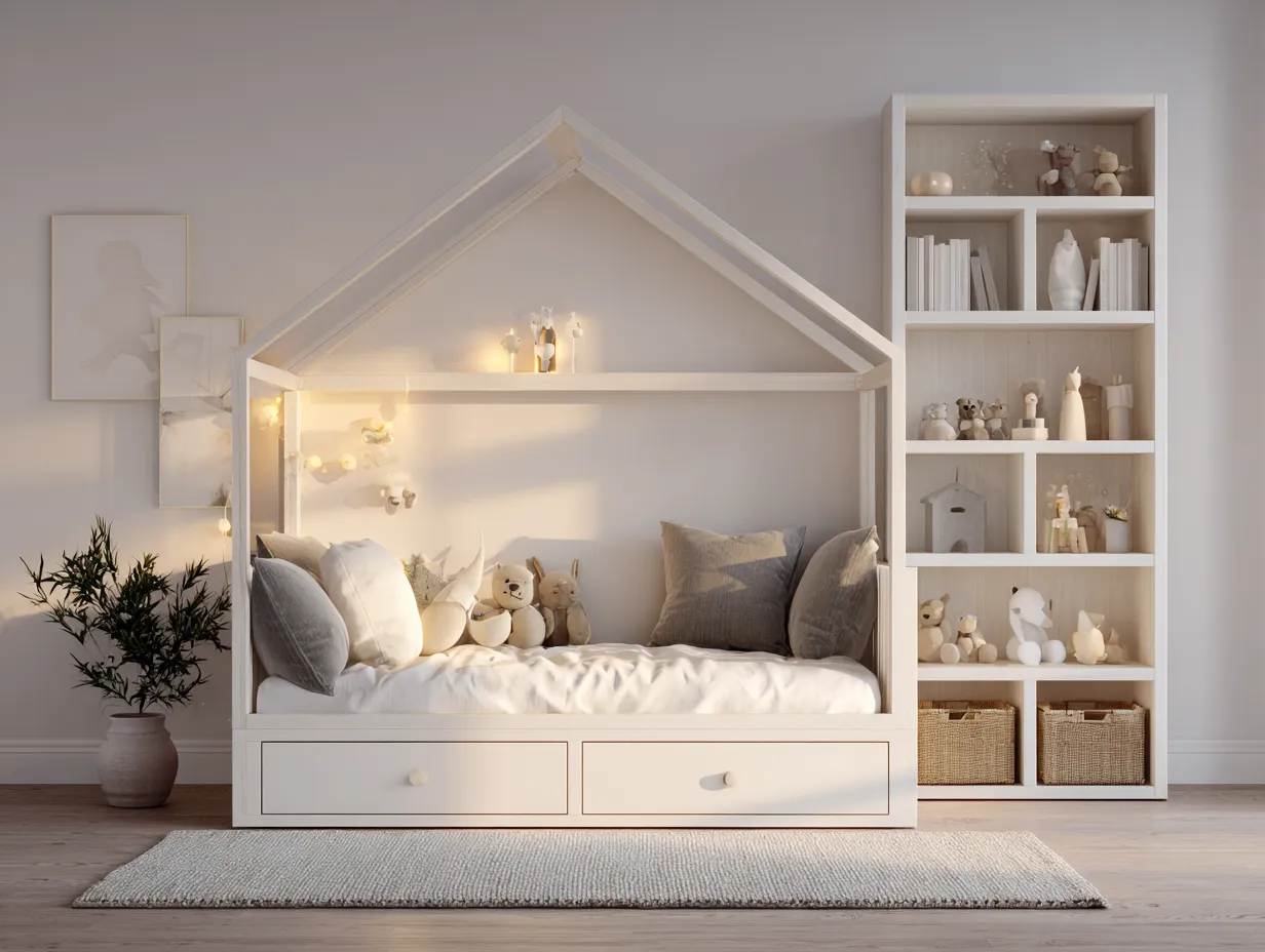 Lit simple cabane en bois 90x190 cm - blanc - avec 2 tiroirs de rangement-Nestoliq