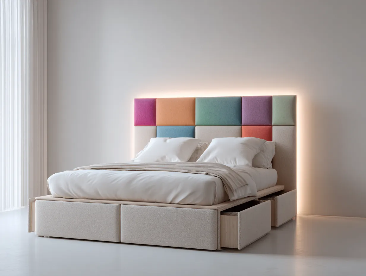 Lit double tapissé 160x200 cm - beige avec tête de lit multicolore - avec rangement-Nestoliq