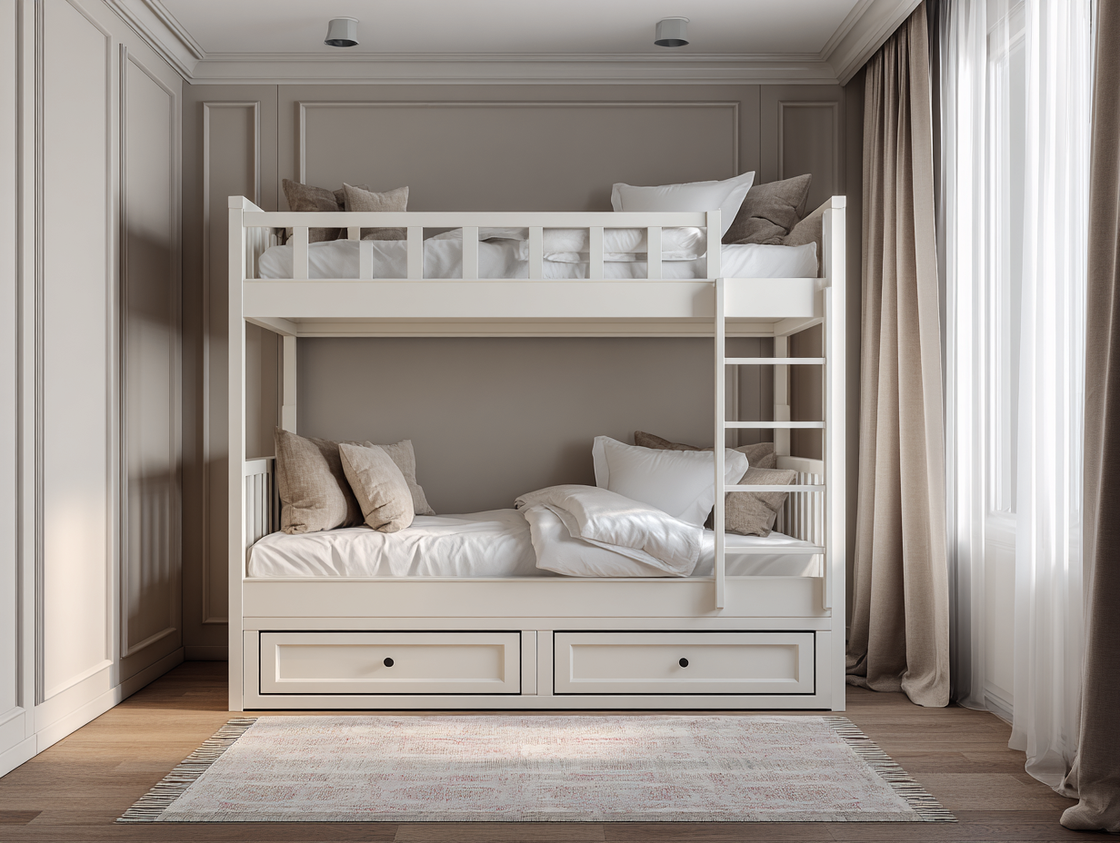 Lit superposé avec rangements tiroirs 90x200 cm - bois blanc - avec échelle frontale et garde-corps-Nestoliq