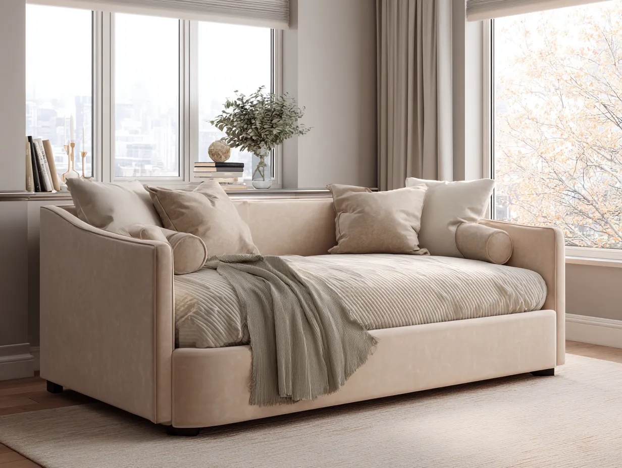 Lit banquette avec lit gigogne - tissu beige sable 90x200 cm - design moderne raffiné-Nestoliq