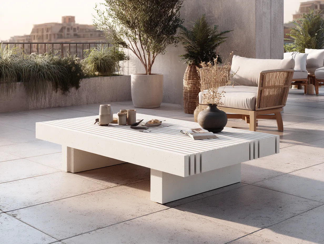 Table basse de jardin rectangulaire en béton à lattes - 150x75x42 cm - blanc - style minimaliste-Nestoliq