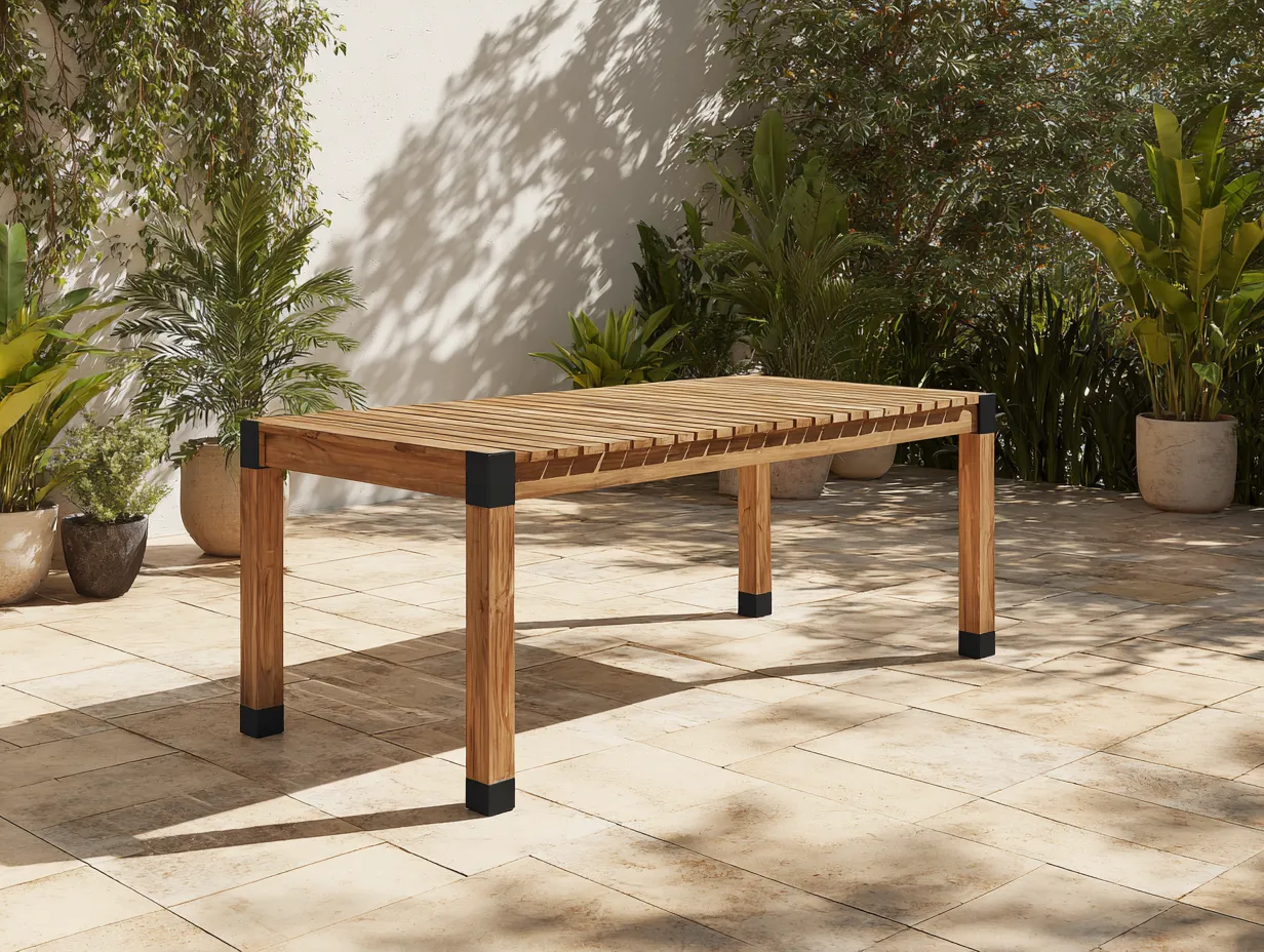 Table rectangulaire de jardin - bois massif 180x90 cm - finition naturelle avec détails noirs - usage extérieur-Nestoliq