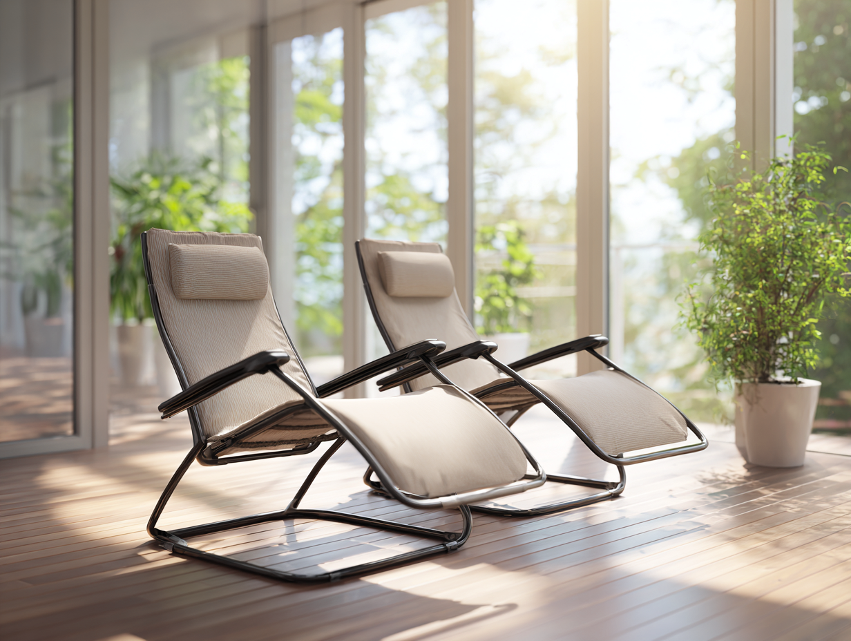 Lot de 2 chaises longues zéro gravité avec coussin fin - 165x65x110 cm - beige/gris/noir - usage intérieur et extérieur-Nestoliq